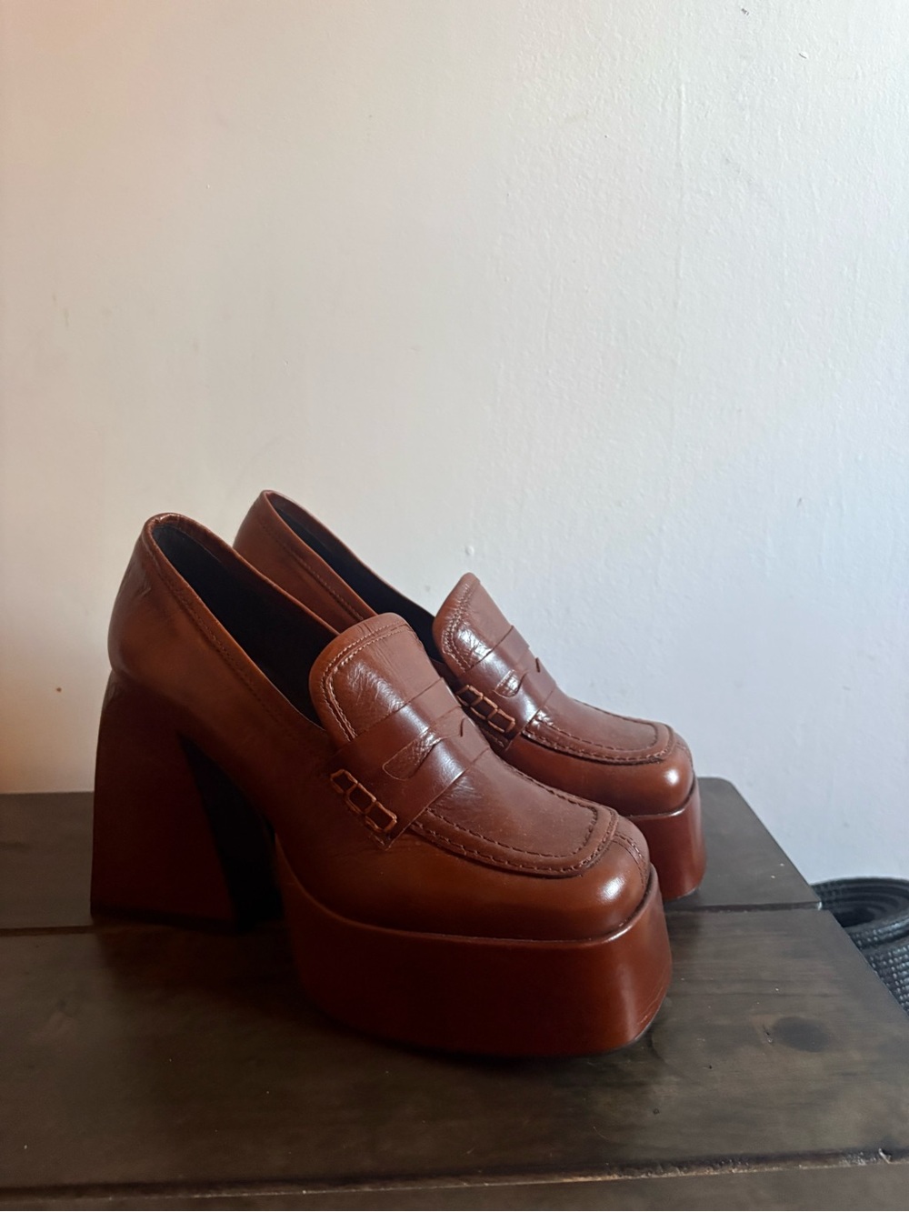 L'INTERVALLE Chestnut Brown Leather Platform Loafers - Picture 2 of 9